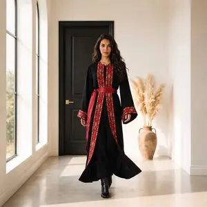 Women's Modesty Abaya - Black Islamic Bisht with Middle Embroidery Detail, 2-Piece Satin Belt Included, Modest Maxi Islamic Clothing