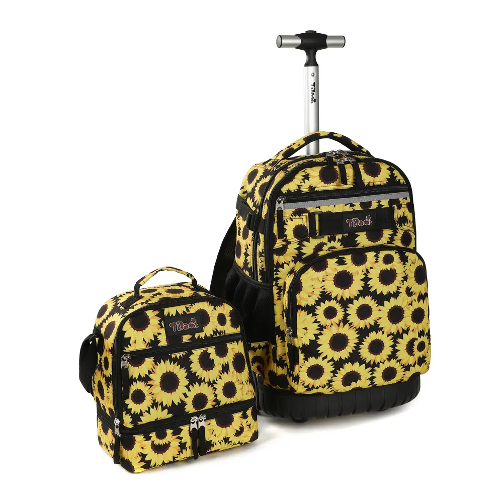 Tilami Rolling Backpack 19 inch with Lunch Bag Wheeled Laptop Backpack, Sunflower