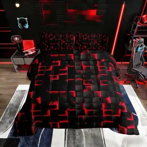 Boys Red and Black Comforter Set,Geometric Checkered Kids Bedding Set,Teen Men Gaming Room Decor,Abstract Ombre Plaid Comforter Grids Quilt Duvet