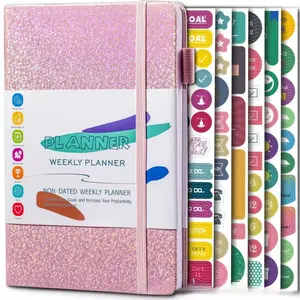 A6 Glitter Planner with Stickers, 1 Count Undated Weekly and Monthly Planner, Cute Daily Organizer Notebook, Agenda Journal to Track Goals & Tasks