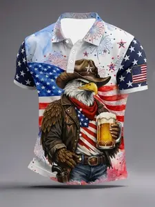 Men's American Independence Day 250th Anniversary Cowboy Eagle Beer Memorial Short Sleeve Shirt, Patriotic Casual Polo for All Seasons