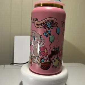 Libby Metal Cup with Easter Bunny and Egg Decor, Pink Color, Cute Design, Includes Lid - Drinkware, Bottle