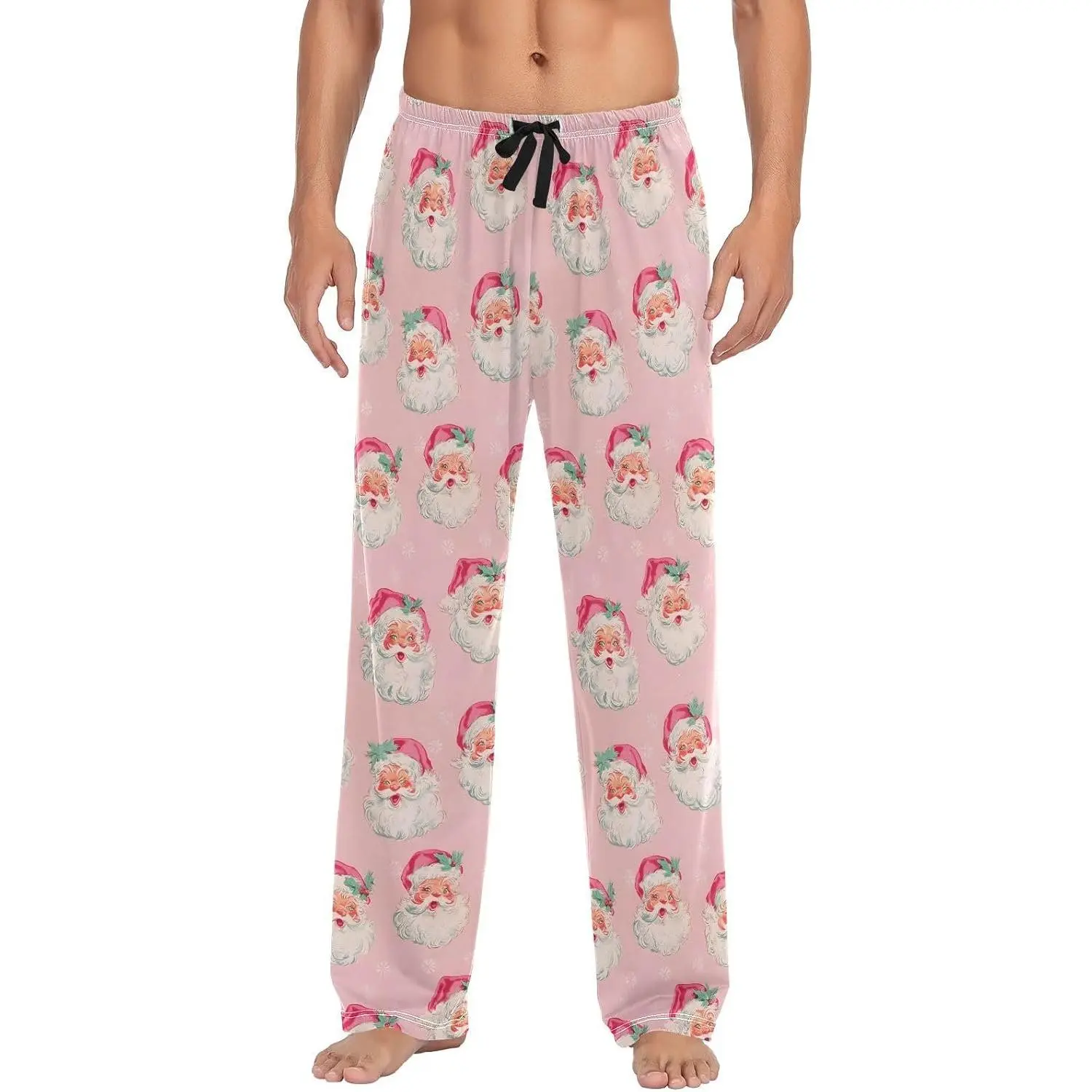 Mens Pajama Pants Pink Santa Claus Lounge Pants with Pockets Elastic Waist Sleep Bottoms S Big Casual Long Loungewear Modal Polyester Pjs Day Menswear Stylish Multi Season Nightwear Homewear Pyjamas Soft