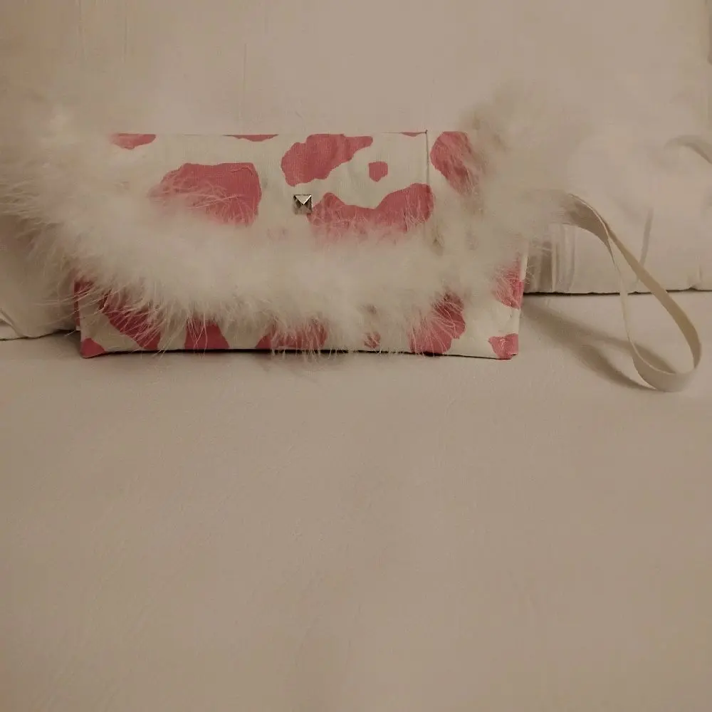 Custom Clutch Purse with Pink and White Feather Accents and Adjustable Strap for Stylish Everyday Use