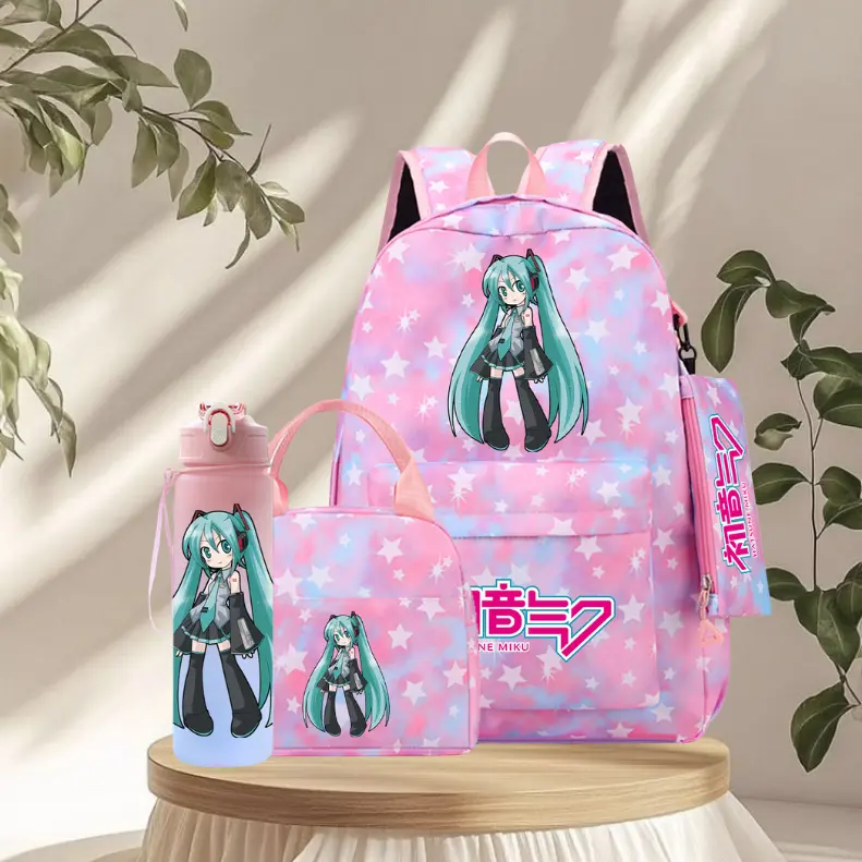Hatsune Miku Anime Backpack 4 Pcs Set - Cute Kawaii Star Print School Bag with Lunch Box, Water Bottle & Pencil Case for Girls & Teen Fans