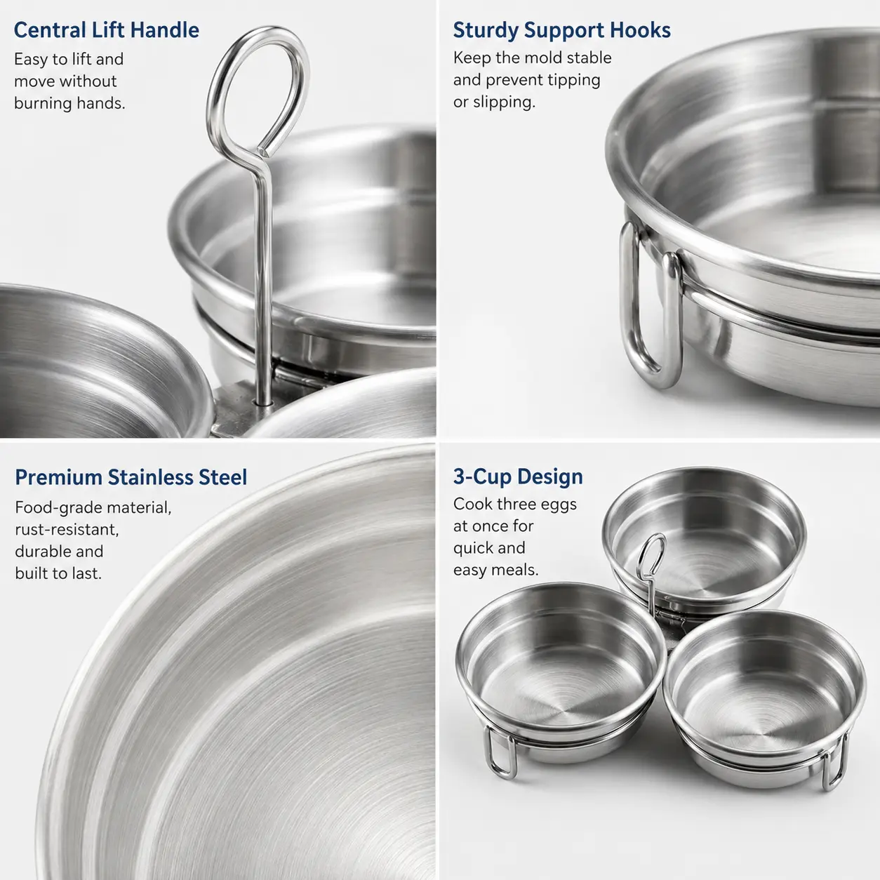 1 Count Stainless Steel Egg Poacher, 3 Cavity Steaming Egg Mold with Handle for Home Kitchen Steamed Egg and Dessert Making