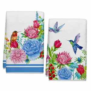 Spring Summer Hummingbirds Floral Kitchen Towels, Green Leaves Dish Towels Set of 2, Spring Pink Flowers 16 x 24 Inch Hand Towel Quick Drying Dishcloth Decor for Kitchen Bathroom Home