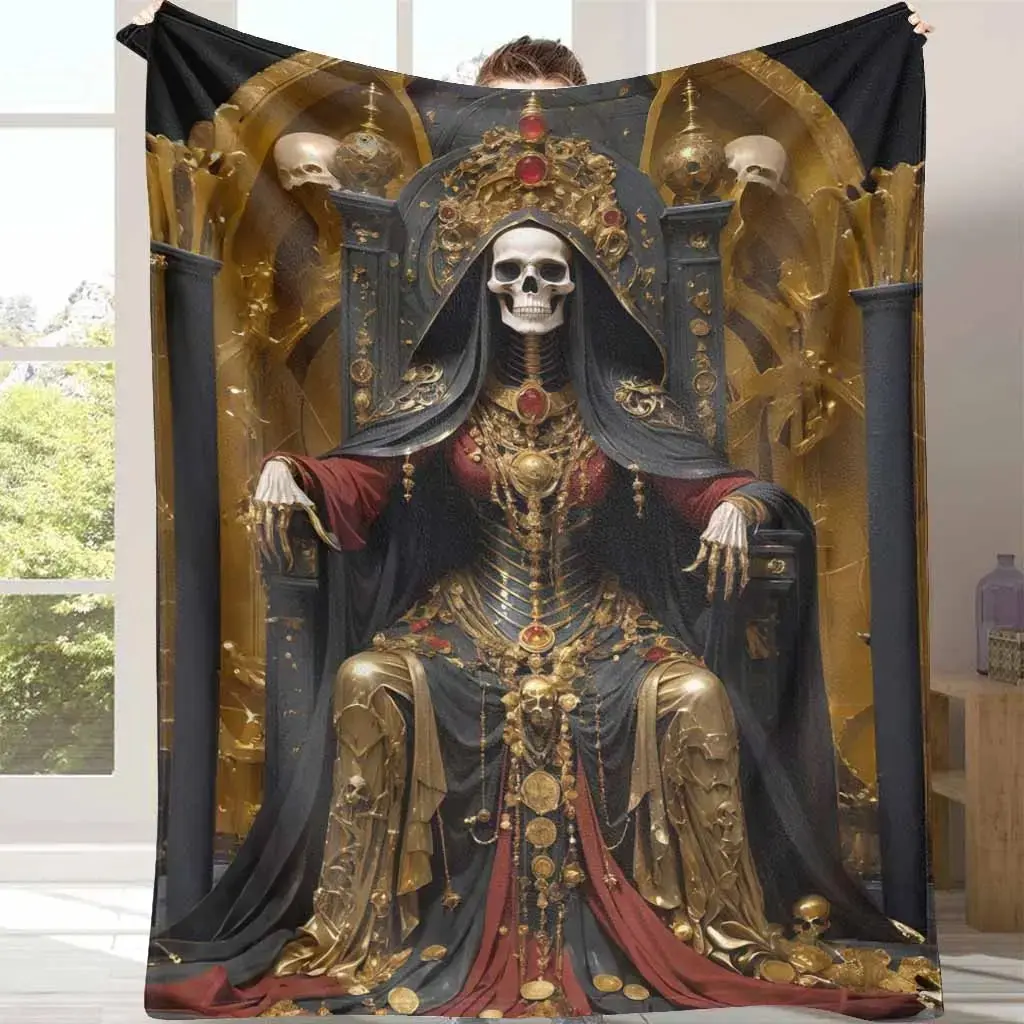 Luxury Gothic Queen Throne Flannel Throw Blanket - Baroque Gold and Red Royal Armor Print, Soft Plush Breathable Wrinkle-Resistant Decorative Piece for Bedroom Accent, Holiday Gifting, Soft Blankets Option, Decorative Blanket