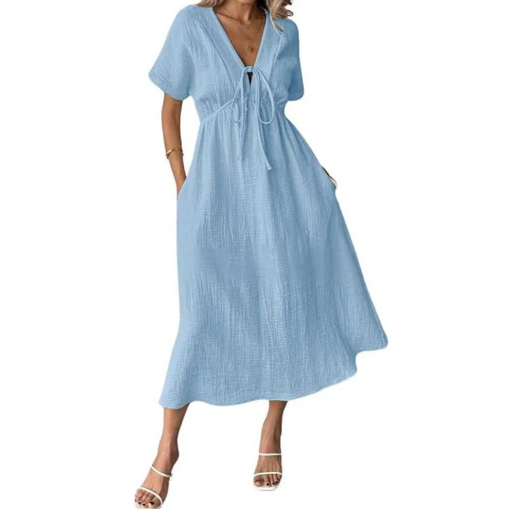 Chouyatou Women's Lightweight Summer Cotton Dress V-Neck Bohemian Casual  Loose Short Sleeve Drawstring Beach Dress with Pockets - TikTok Shop