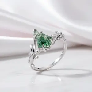 Kite Cut Natural Moss Agate Engagement Ring