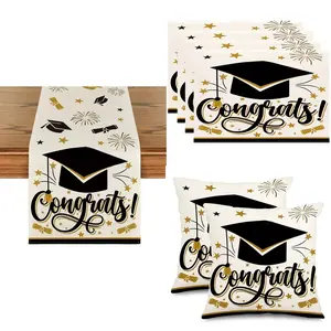 7-Piece Graduation Table Runner Set, Linen Rectangular Decorative Mat, Pillow Cover & Placemat Kit, Holiday Home Party Decoration