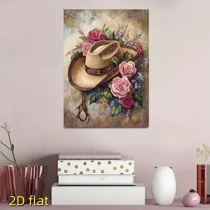 1 Western Cowboy Girl Hat and Rose Blossom Canvas Poster, with a rustic wooden frame that can be hung at any time, perfect for farmhouse decoration in bedrooms, kitchens, offices, and bars