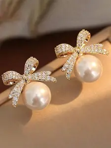 1 Pair Charm Cubic Zirconia & Faux Pearl Stud Earrings For Women For Wedding Engagement Anniversary Party Jewelry Valentine's Day Gift