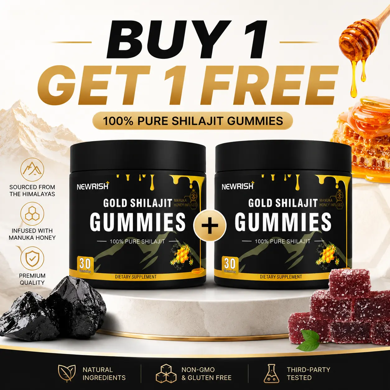 [Buy 1 Get 1 Free] Newrish Pure Shilajit Gummies-OrganicManukaHoney-Boosts Energy and Stamina-Men'sSupplement-Sports and Fitness-30 Gummies 100%Natural