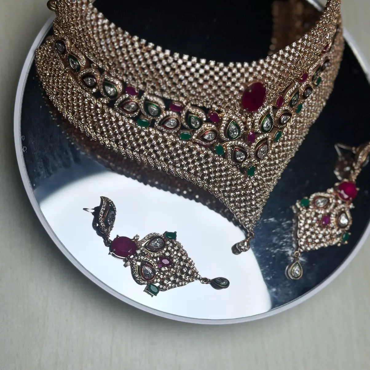 Luxury Indian Wedding Jewelry - 15KT Rose Gold Plated Bridal Choker Necklace Set with Cubic Zirconia, Ruby, and Emerald Stones
