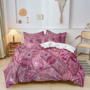 3pc pink money pattern bedding set, Decorative duvet cover, a duvet cover set including 1 duvet cover and 2 pillowcases, suitable for single and double beds, available in multiple sizes, perfect for bedrooms, dormitories, guest rooms, and hotels