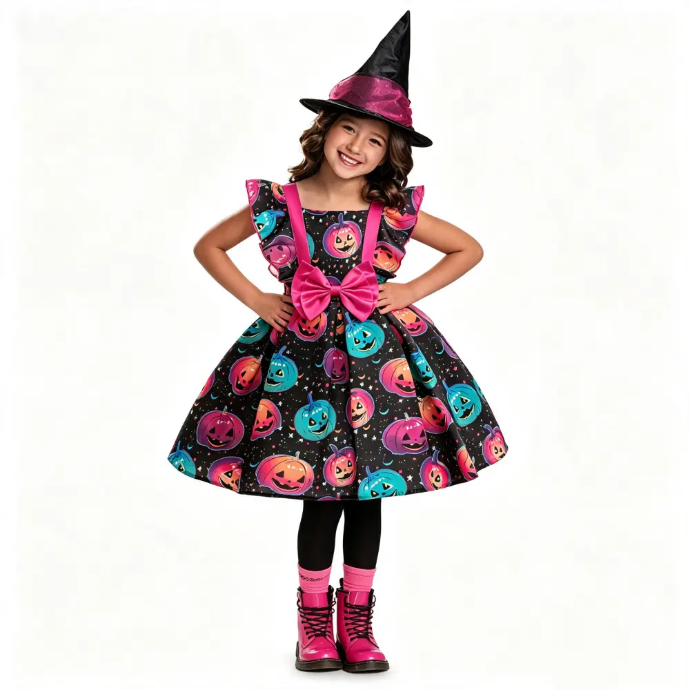 056 ( Only dress ) Girls Halloween Classic Pumpkin Colorful Costume Children's Bow Princess Dress Party Role Playing Ball Dress
