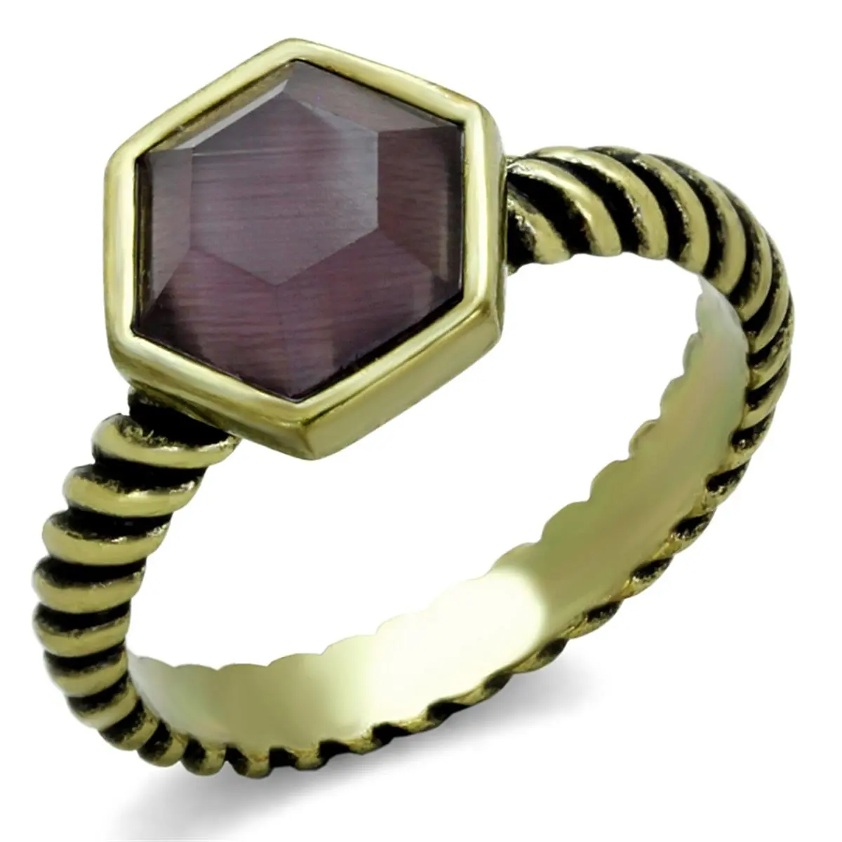 Women's Antique Ring in Antique Copper Plated Brass featuring a Lab-Created Amethyst Color Cat Eye Stone - Size 7, Lab-Created Rings