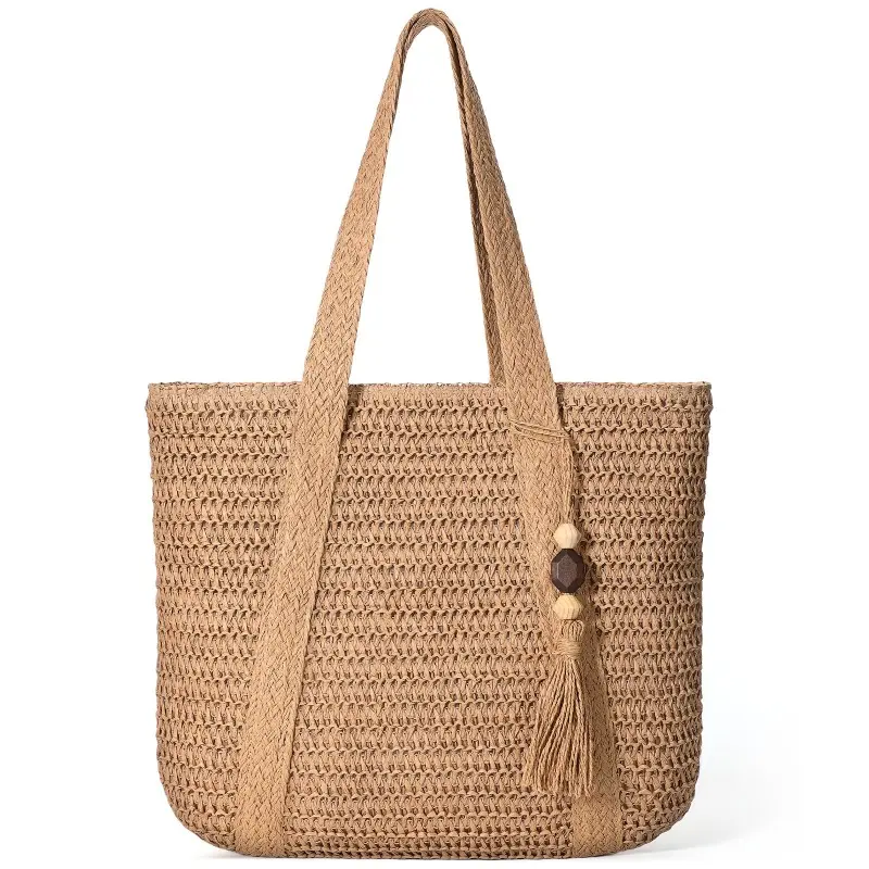 Women's Straw Beach Bag — Hand-Woven Beach Tote, Handcrafted Shopping Bag for Seaside Vacations, Summer Open-Weave Mesh Shoulder Bag, Handbag, Hobo Bag