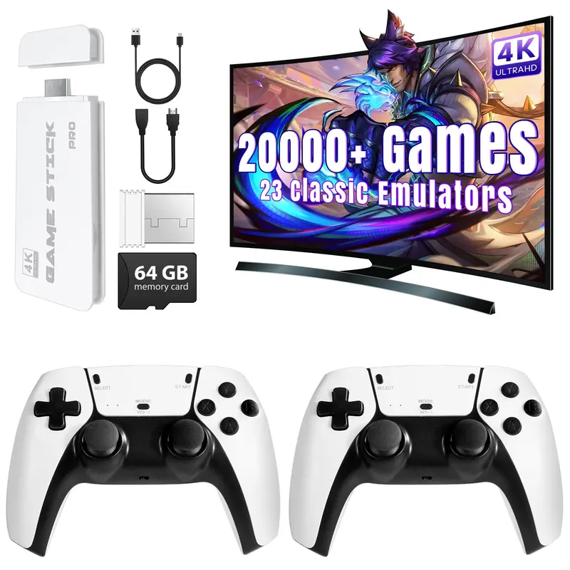 Game Stick Pro - 20,000+ Classic Games, 23 Emulators, 4K HDMI, 2 Wireless Controllers, 64GB TF Card, Plug & Play, Gift for Adults Friend Port Retro Console