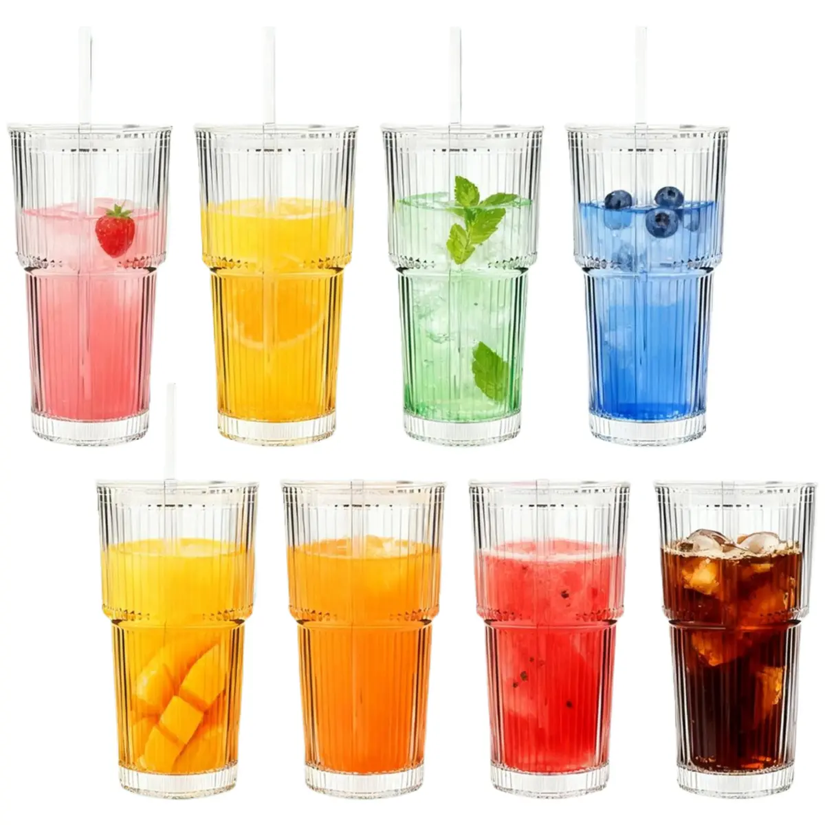 Ribbed Glass Tumblers Set with Lids and Straws, 6/8 Pack Value 20oz Thick Beverage Cups, Ideal for Coffee to Cocktails & Smoothie Ready Bathroom Tumblers, Cocktail Glasses