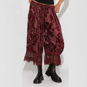 LIQUCY Lace Pants for Women Sexy Floral Lace Trim Pettipants Long Bell Bloomers Y2k Ruffle Elastic Mid Rise Cropped Flared Slips Trousers Lounge Slips Pants