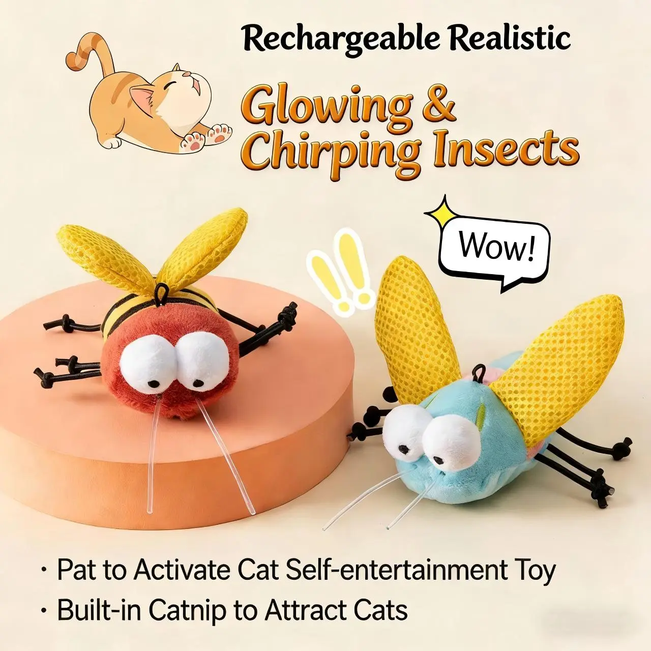 Interactive Cat Toys Cicada&Bee, Luminescent Toys for Cats Indoor, Cat Interactive Toys with Three Types of Animal Calls, Kitten Toy for Bored Cats, Rechargeable Catnip Kicker Toy Perfect for Hunting Instinct