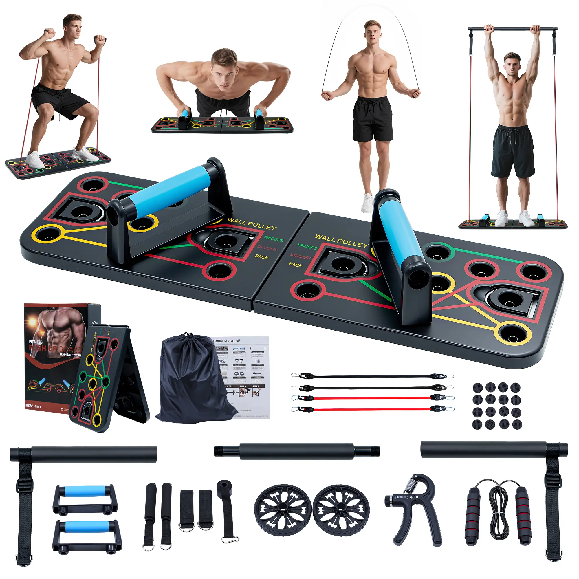 Multifunctional Push Up Board Home Gym Combo, Portable High-Density Plastic Workout Training Equipment with Resistance Bands, Pilates Bar & Ab Roller for Full Body Muscle Exercise