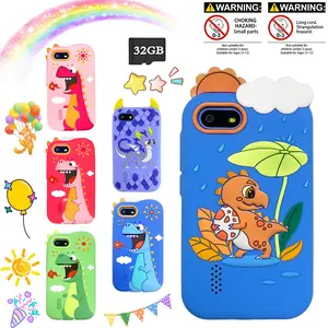 2 in 1 Learning & Gaming Kids Smart Phone Toy, Dinosaur Design Silicone Shockproof Cover, 2.8” HD Touch Screen Dual Camera Selfie Function, 32GB SD Card, Multi-Language, Large Capacity Long Battery, Ideal Christmas Birthday Present for Children