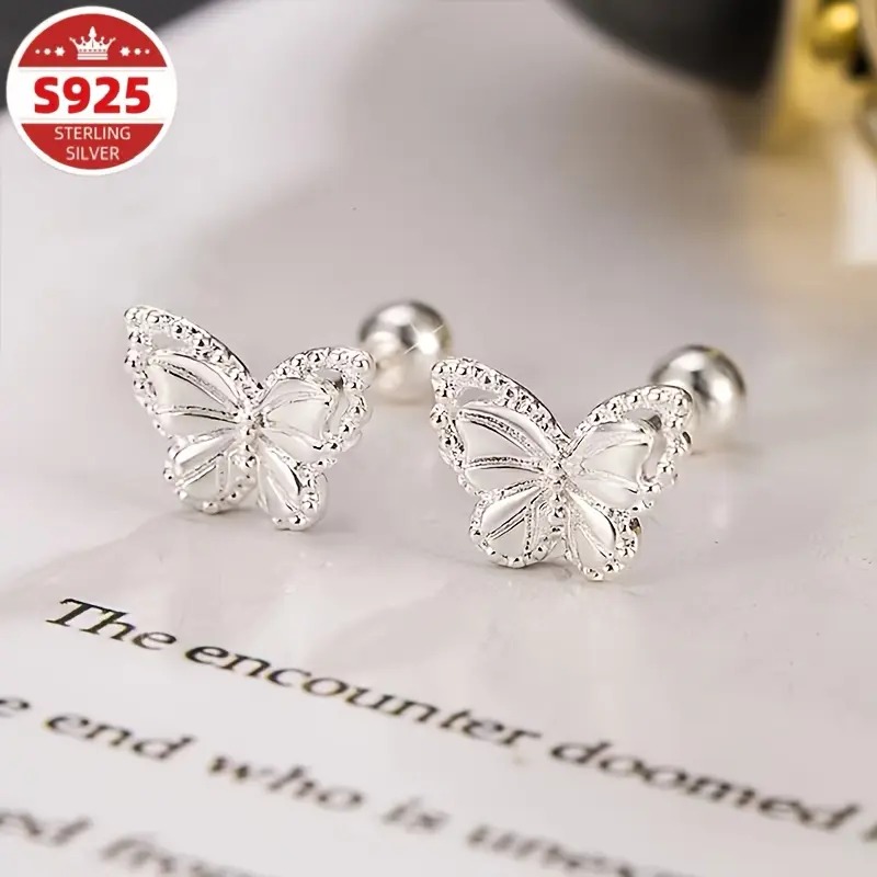 Women's S925 Sterling Silver Stud Earrings, Cute Butterfly Motif Jewelry, Simple Design for Daily Wear and Gifting
