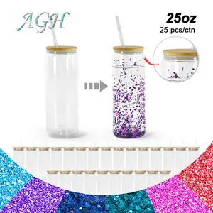 AGH 25pcs 25oz Sublimation Snow Globe Tumbler with Pre Drilled Hole Plug Double Wall Coffee Mugs for Snow Globe Glitter DIY Bamboo Lid Straw
