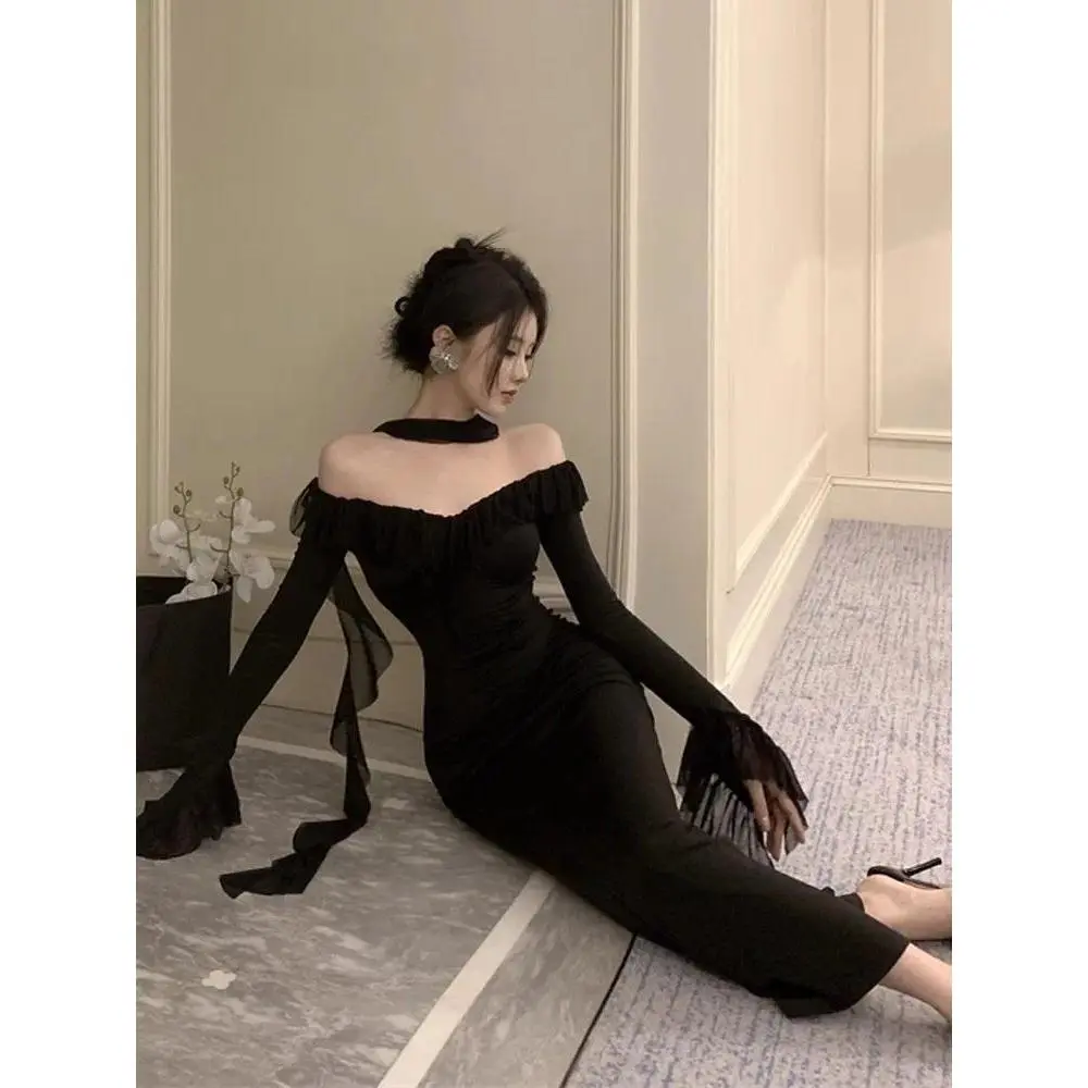 2025 2025 New French Hepburn Style Black One Shoulder Dress Women's Spring Autumn High Sexy Wrap Long Skirt Dress Evening Gown
