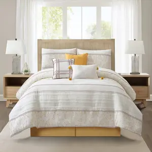 Ferdinico 7 Piece Stripe Comforter Set, White/Yellow