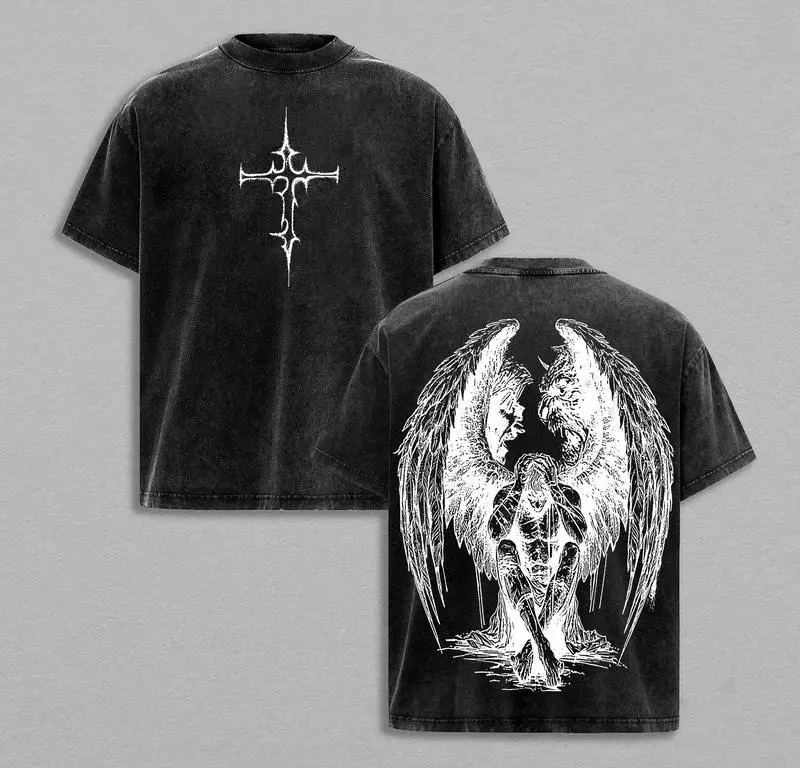 valentine shirts Tormented Angel T-Shirt Washed , Fallen Dark Angel Oversized Tee, Gothic Angel of Despair Shirt, Heavyweight Cotton Washed Heaven and Hell Streetwear Angel vs Demon Art Jesus Apparel Christ the Savior