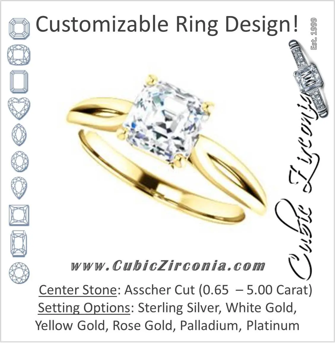 Cubic Zirconia Engagement Ring- The Viola (Customizable Asscher Cut Solitaire with Curving Tapered Split Band)