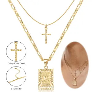 14K Gold Plated Layered Initial Letter Pendant Cross Choker Necklace- Square
