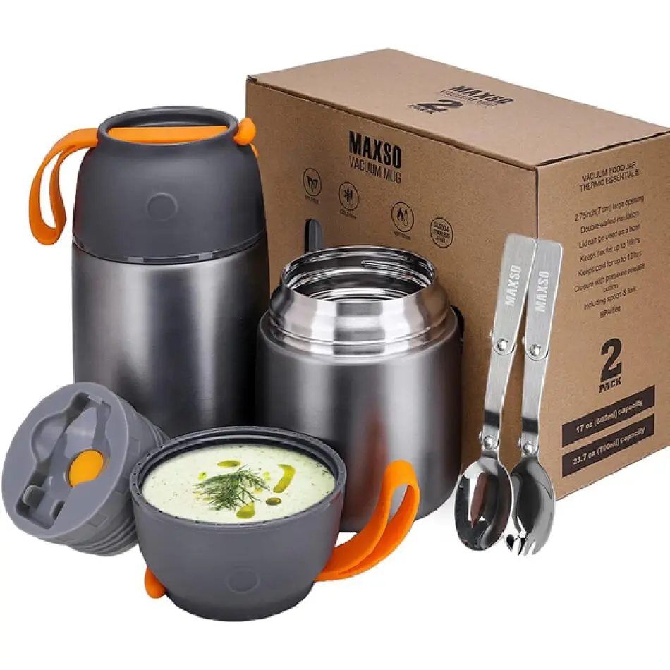 2 Pack Soup Thermo for Hot & Cold Food for Kids Adults, Vacuum Insulated Food Jar Thermal Lunch Containers, Travel Food Flask with Spoon (24 oz,17 oz) (Grey)