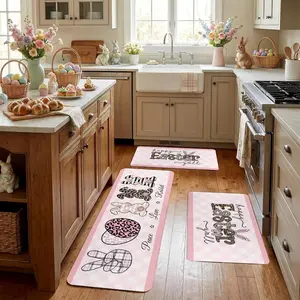 Easter Kitchen Rug Set, Rabbit Ears Love Egg Pattern Door Mat, Spring Home Decor, Non-Slip Bathroom Runner, Family Party Decoration