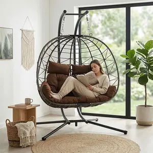Oversized Double Egg Swing Chair with Stand 2-Person Indoor Outdoor Hanging Hammock Chair Comfy Loveseat Cushioned Porch Swing 700lbs Capacity (Brown)