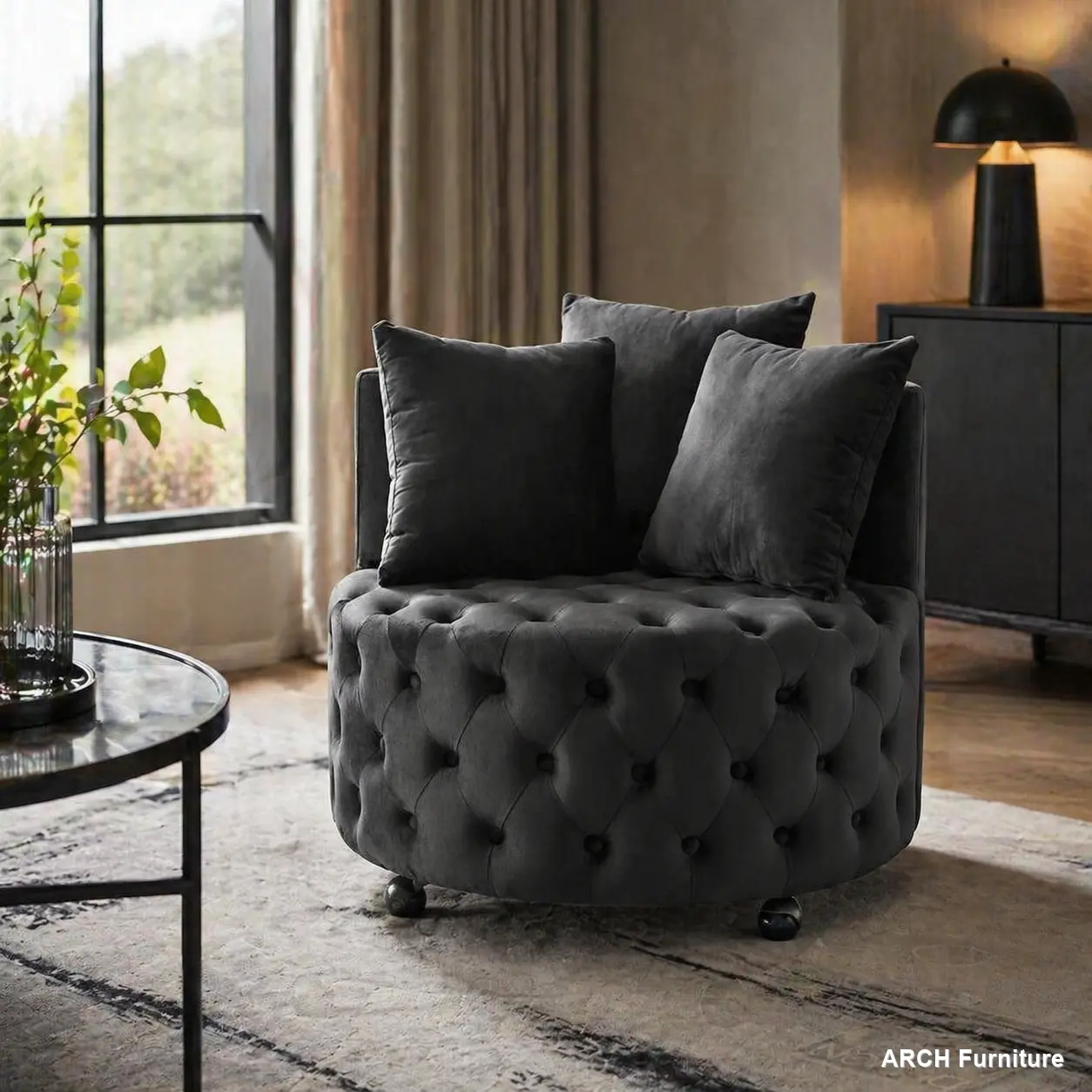 ARCH Velvet Upholstered Swivel Armchair - Velvet-Covered Tub Chair, 26x30x30 in Single-Seat Living Room Furniture, Button Tufted, Movable Wheels, 3 Included Pillows, Black, Velvet-Covered Tub Chairs