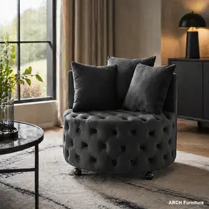 ARCH Velvet Upholstered Swivel Armchair - 26x30x30 in Single-Seat Furniture, Button Tufted, Movable Wheels, 3 Included Pillows, Black Living Room Chair