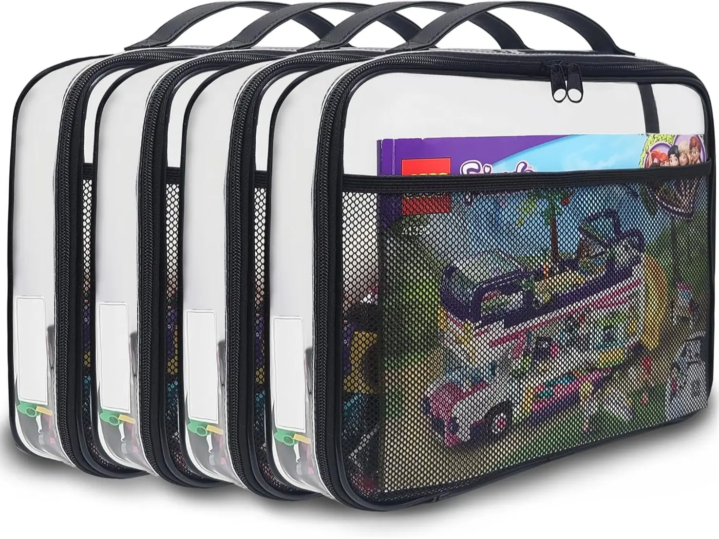 4 Packs PVC Zippered Blocks Set, Toy, Clay, Board game Storage Organizer Case (Name Tag, Manual Pocket) (Black, Large)