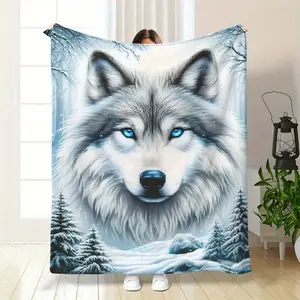 One Wolf Pattern Blanket, Multipurpose Flannel Warmth Throw Suitable For Sofa, Bed, Travel, Camping, Living Room, Office - Comfortable All Seasons
