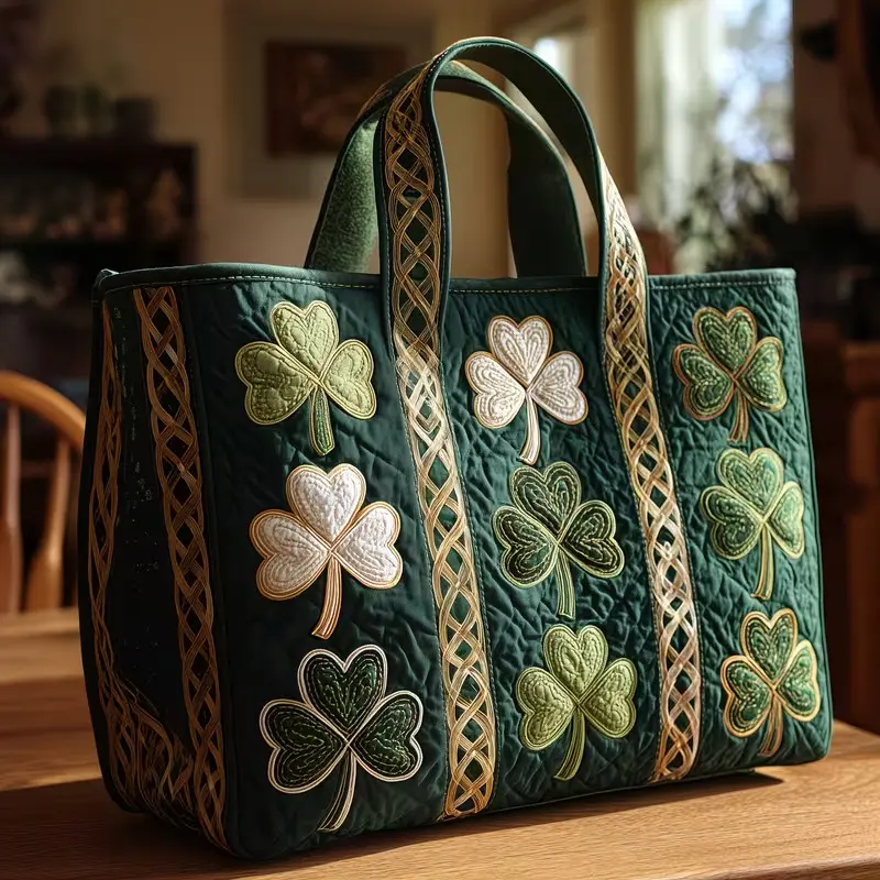 Irish Shamrock Quilted Tote Bag | New digital printing handbag with unique floral design canvas bag|Multi-Tone Clover Embroidery Celtic Woven Strap Shoulder Bag, Perfect St. Patrick’s Day & Irish Heritage Gift