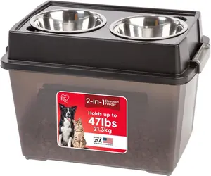 IRIS USA Elevated Dog Bowls, 15" H Raised Bowl for Large Dogs, Airtight Pet Food Storage Holds Up to 47 Lbs, 2 Removable 64 oz Stainless Steel Bowls, at Home or Camping, Smoke/Black