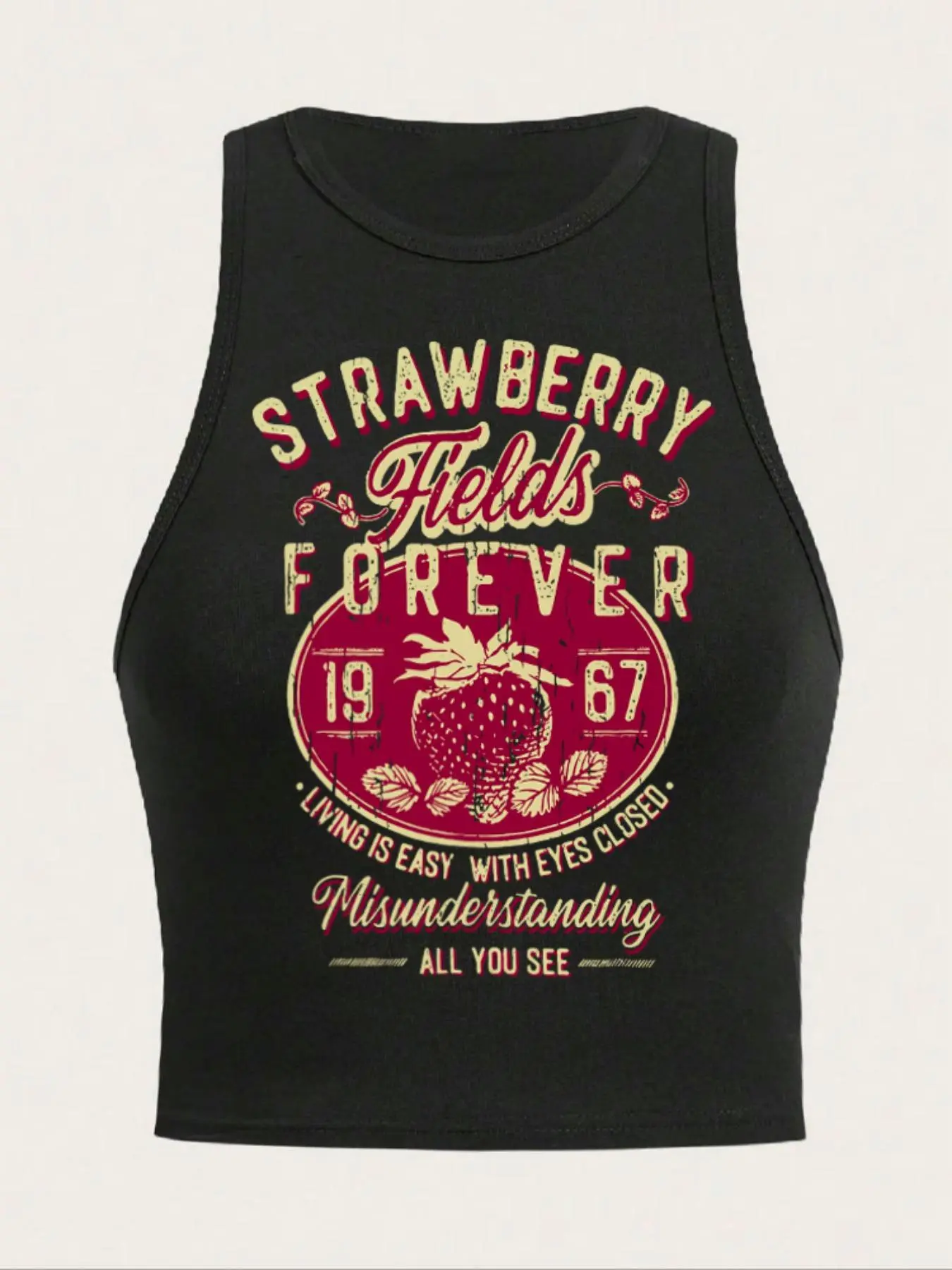 Women's Vintage Strawberry Print Round Neck Tank Top, Casual Elegant Sleeveless Crop Top for Summer, Ladies Clothes for Daily Wear, Casual Sleeveless Cropped Tank Tops