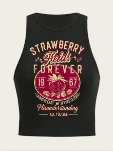 Women's Vintage Strawberry Print Round Neck Tank Top, Casual Sleeveless Crop Top for Summer, Ladies Clothes for Daily Wear, Casual Tank Tops