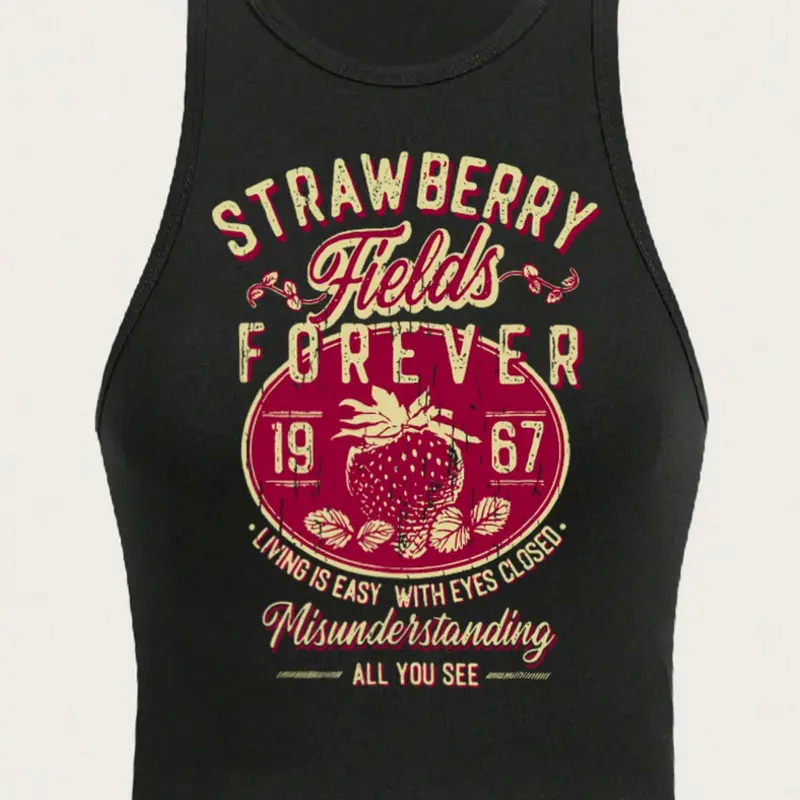 Women's Vintage Strawberry Print Round Neck Tank Top, Casual Elegant Sleeveless Crop Top for Summer, Ladies Clothes for Daily Wear, Casual Sleeveless Cropped Tank Tops