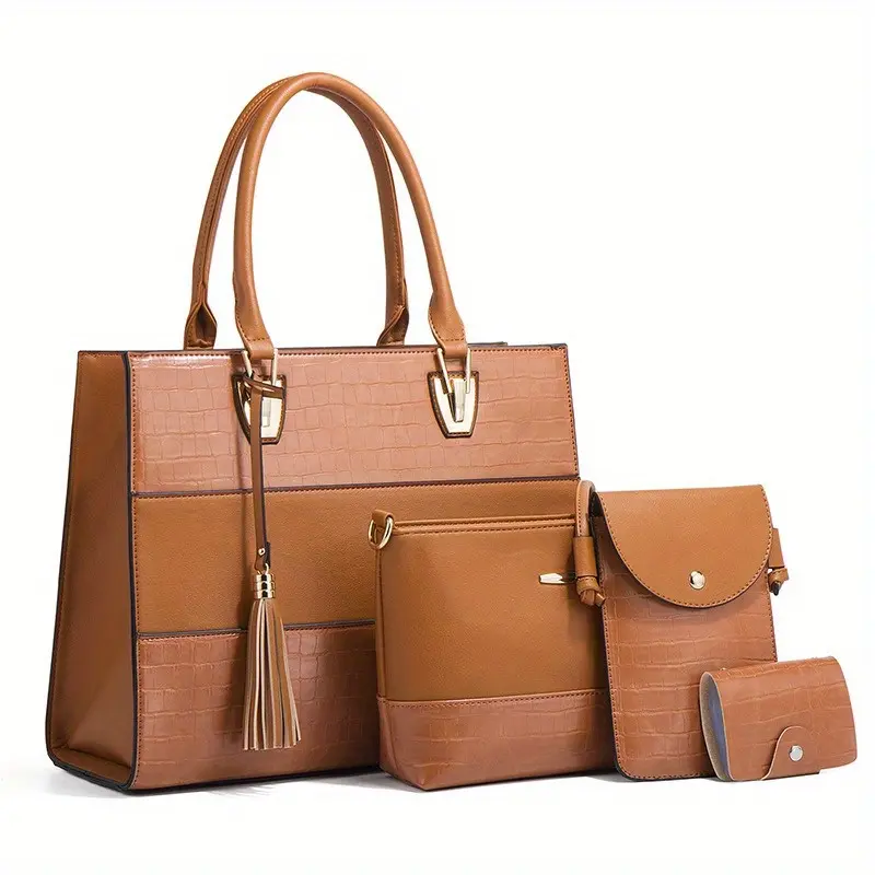 Women's 4-Piece Vintage Chic PU Leather Tote Bag Set - Crocodile Print, High-Capacity, Basic Minimalist Plain Design, Zip Closure, Double Handle, Shoulder/Crossbody/Handbag Styles for Casual Wear, Simple Look, Synthetic, Tote Set, Retro, Polyester, Zipper