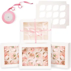 Auto-pop Up Cupcake Boxes with Window White 20PCS 12 Count 13"x10"x3.5" Cupcake Carrier 12 Cupcake Containers with pink ribbons